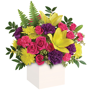 Code: A312. Name: Vivid Delights. Description: Colour their day happy with this bright surprise. Artfully arranged this sunny arrangement of yellow Lilies and hot pink Roses celebrates them in style. Price: NZD $122.95