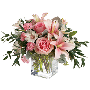 Code: A319. Name: Pink Flora. Description: Just fabulous. From its perky vase and perfect pink Roses to its textural greens and dramatic pink Lilies this chic arrangement is flora at its finest. Price: NZD $117.95