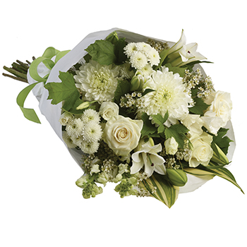 Code: B303. Name: Marlee. Description: Simply stylish bouquet of all whites accented with seasonal greens. Another colour combination that just works. Price: NZD $152.95