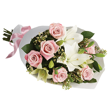 Code: B307. Name: Pinking of You. Description: Stunning in its simplicity this innocent harmony of Roses and Lilies are a heartfelt way to send your very best. Price: NZD $112.95