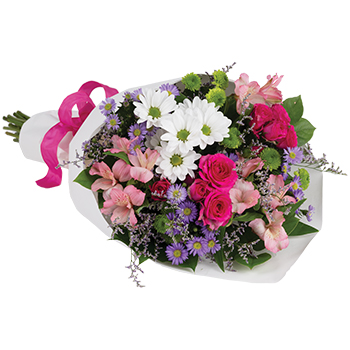 Code: B316. Name: Make Mum Smile. Description: A lovely mix of fresh flowers in breezy shades of pink white lavender and more all tied up. A great way to make Mum smile. Price: NZD $102.95