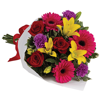 Code: B321. Name: Fun in the Sun. Description: Let the sun shine in with this exuberant bouquet of golden Lilies with rich red Roses and hot pink Gerberas. Price: NZD $112.95