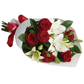 Code: B325. Name: Royal Romance. Description: Want to add some instant romance with this rich bouquet of luxurious red Roses and beautiful white Lilies? Price: NZD $130.95