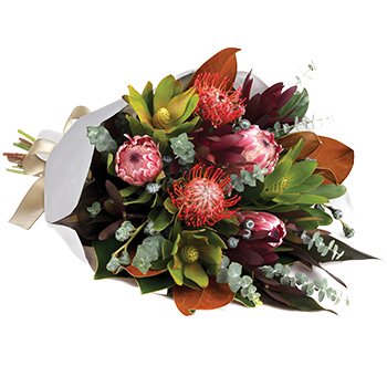 Code: B326. Name: Kalimna. Description: Reminiscent of sunrise or sunset this glorious native bouquet sends your love from afar leaving them feeling all warm and fuzzy. Price: NZD $127.95