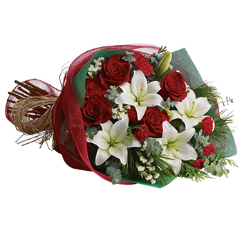 Code: B327. Name: Christmas Elegance. Description: This season give a Christmas gift featuring the lush beauty of red Roses set against Lilies in the purest shade of white. Price: NZD $130.95