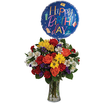 Code: C315. Name: Fly High. Description: Make birthday spirits soar by sending this fabulously fun vase arrangement and balloon. Bright primary colours make it perfect for guys and gals. Price: NZD $157.95