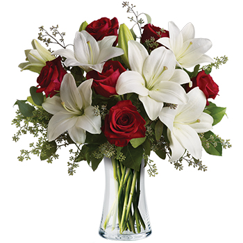 Code: C317. Name: Hooray for Love. Description: Put these words into flowers with this magnificent arrangement of red Roses and white Lilies accented with fresh greenery delivered in a classic clear glass vase. Price: NZD $152.95