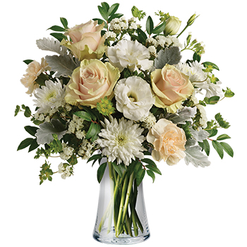 Code: C319. Name: Endless Lovelies. Description: Timeless and touching this serenely beautiful bouquet of peach and white blooms in a vase is perfect for everyone. Price: NZD $132.95