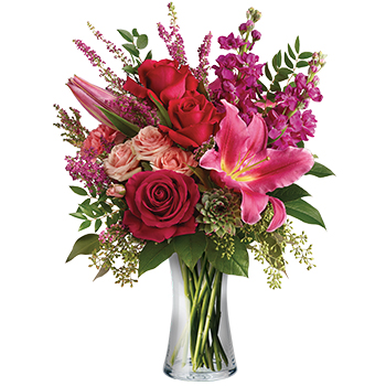 Code: C320. Name: Forever Fuchsia. Description: Proclaim your love and affection with this fabulous Fuchsia bouquet. A luxurious mix of Lilies Roses and Stock. Price: NZD $150.95