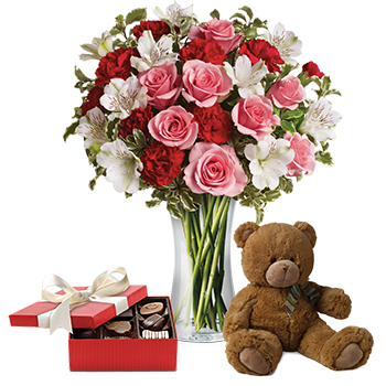 Code: C321. Name: It Looks Like Love. Description: Send this beautiful gift set including a delicious box of chocolates and delightful bear paired with a vase arrangement of red white and pink blooms. Price: NZD $205.95