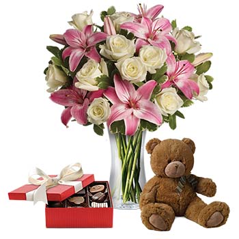 Code: C322. Name: Always a Lady. Description: A romantic gift. An eye catching display of Roses and Lilies is perfectly arranged in a clear vase delivered with a gorgeous teddy and chocolates which makes a beautiful impression. Price: NZD $222.95