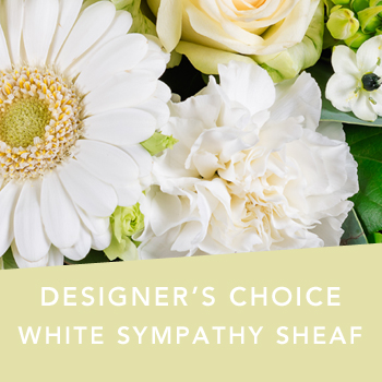 Code: D312. Name: White Sympathy sheaf. Description: Can not decide on what to send? The Designers Choice white Sympathy Sheaf is a one of a kind collection of the designers freshest flowers in all white. Price: NZD $92.95