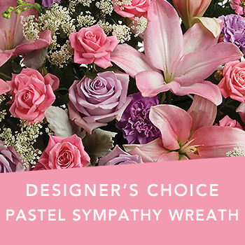 Code: D314. Name: Pastel Sympathy wreath. Description: Can not decide on what to send? The Designers Choice pastel Sympathy wreath is a one of a kind collection of the designers freshest flowers in a pastel colour scheme. Price: NZD $99.95