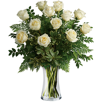 Code: R306. Name: Joy of Roses. Description: Pure joy. Wondrous white Roses take center stage in this chic bouquet delivered with stylish greens in a classic glass vase. Price: NZD $175.95