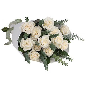 Code: R314. Name: Dreamy White Dozen. Description: This beautiful flower bouquet of dreamy white Roses and graceful greens delivers innocence and elegance. Perfect for neighbours corporate partners and events. Price: NZD $149.95