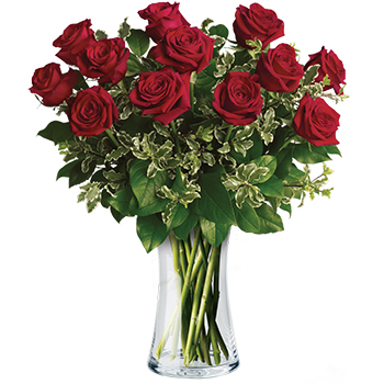Code: R320. Name: On My Mind. Description: Stunning in its simplicity this elegant vase arrangement of deep red Roses and rich green foliage makes quite an impression. This display sits proudly in our Top Ten. Price: NZD $172.95