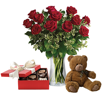 Code: R324. Name: Beautiful Love. Description: This lavish gift set includes a gorgeous vase arrangement of twelve long stem red Roses accented with greenery plus chocolates and a delightful bear. Price: NZD $220.95