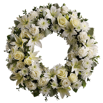 Code: S303. Name: Serenity. Description: A ring of fragrant bright white blossoms will create a serene display at any service. This classic wreath is a thoughtful expression of sympathy and admiration. Price: NZD $278.95