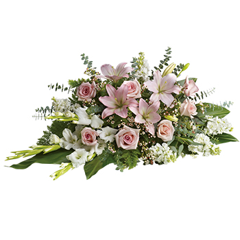 Code: S311. Name: Tender Tribute. Description: A soft spoken statement of everlasting beauty this pale pink and white sheaf shares your heartfelt sympathy with style and grace. Price: NZD $187.95
