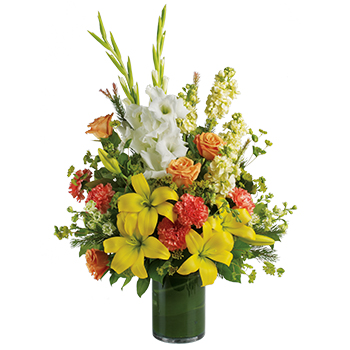 Code: S315. Name: Fond Farewell. Description: Create a bright heart warming tribute to the special person who lit up everyones lives. Send a stunning leaf lined vase arrangement of golden Lilies white Gladiolas and peach Roses. Price: NZD $177.95