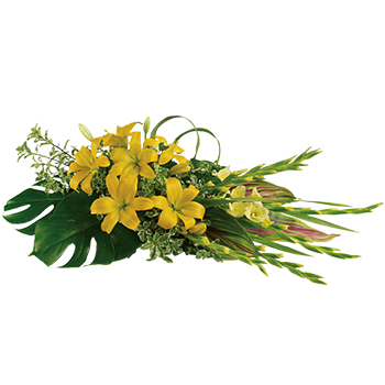 Code: S317. Name: Warm Thoughts. Description: Send your warmest wishes and celebrate a bright life with this sunny spray of Lilies and gorgeous Gladiolus. Price: NZD $150.95