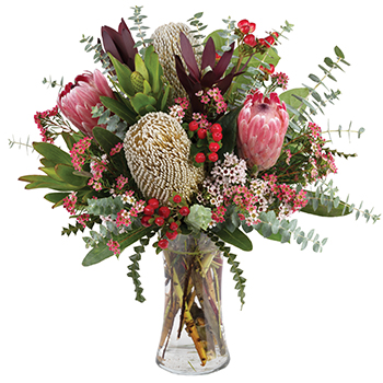 Code: T301. Name: Medika. Description: Beautiful New Zealand or Australian native vase arrangement makes the perfect long lasting gift. Native vase arrangement with mixed natives including Proteas and Leucadendrons. Price: NZD $145.95