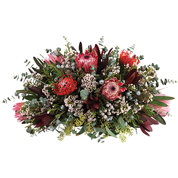 Code: T303. Name: Madara. Description: Long lasting and rustic New Zealand or Australian native arrangement of mixed natives accented with seeds and greenery. Price: NZD $147.95
