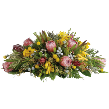 Code: T308. Name: Carinya. Description: This is a striking round native arrangement and is the perfect centrepiece for any table and suits all occasions. Price: NZD $217.95
