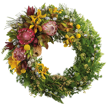 Code: T310. Name: Warrina. Description: Bring a feeling of peace to the home or service with the natural beauty of this wondrous native wreath thoughtfully created . Price: NZD $180.95