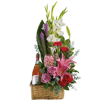 Code: T317. Name: Blushing Celebration. Description: Go all out for your special someone with this opulently awesome array of lavish flowers and sparkling wine hand arranged in a wicker basket. It is an absolutely irresistible gift. Price: NZD $192.95